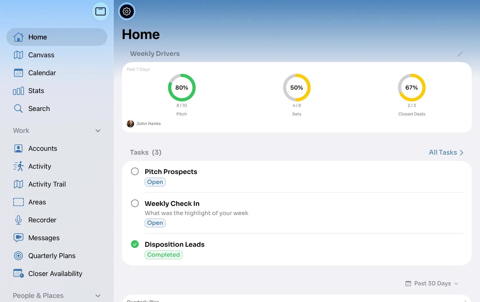 The Terros home screen: weekly driver rings for pitches, sets and closed deals above the day’s tasks
