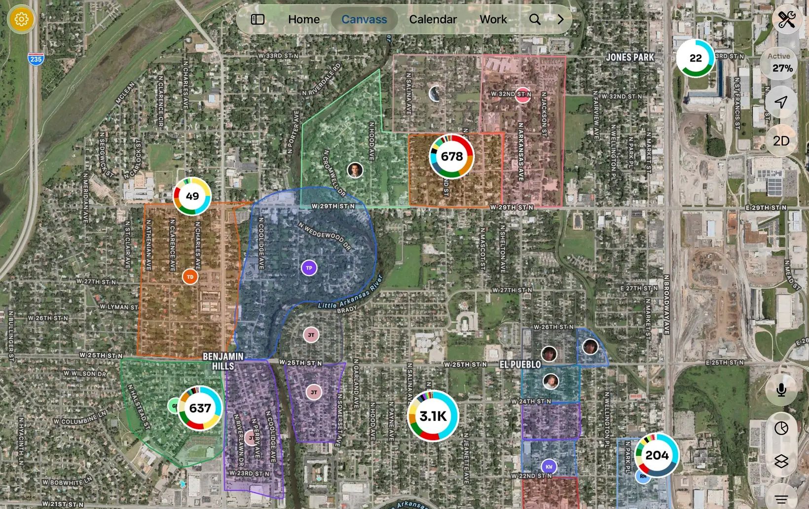 Canvass areas drawn over a satellite map, each with its owner and a ring of how many accounts have been worked