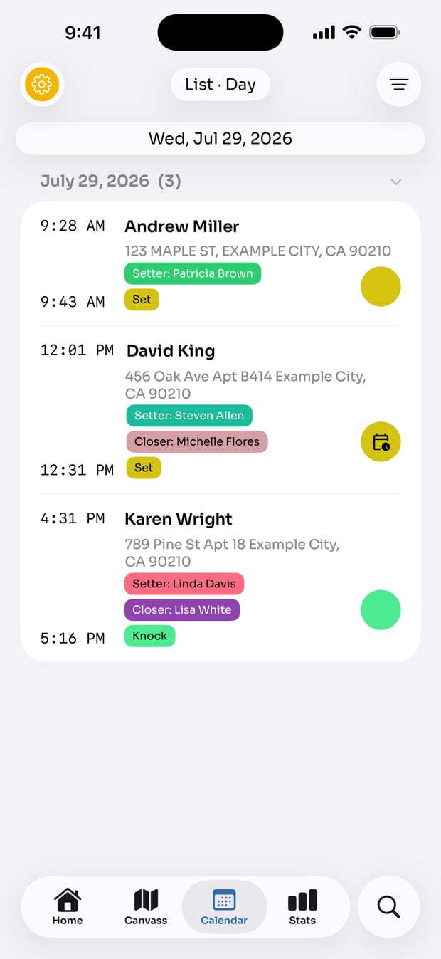 A day of appointments with setter and closer assigned to each one