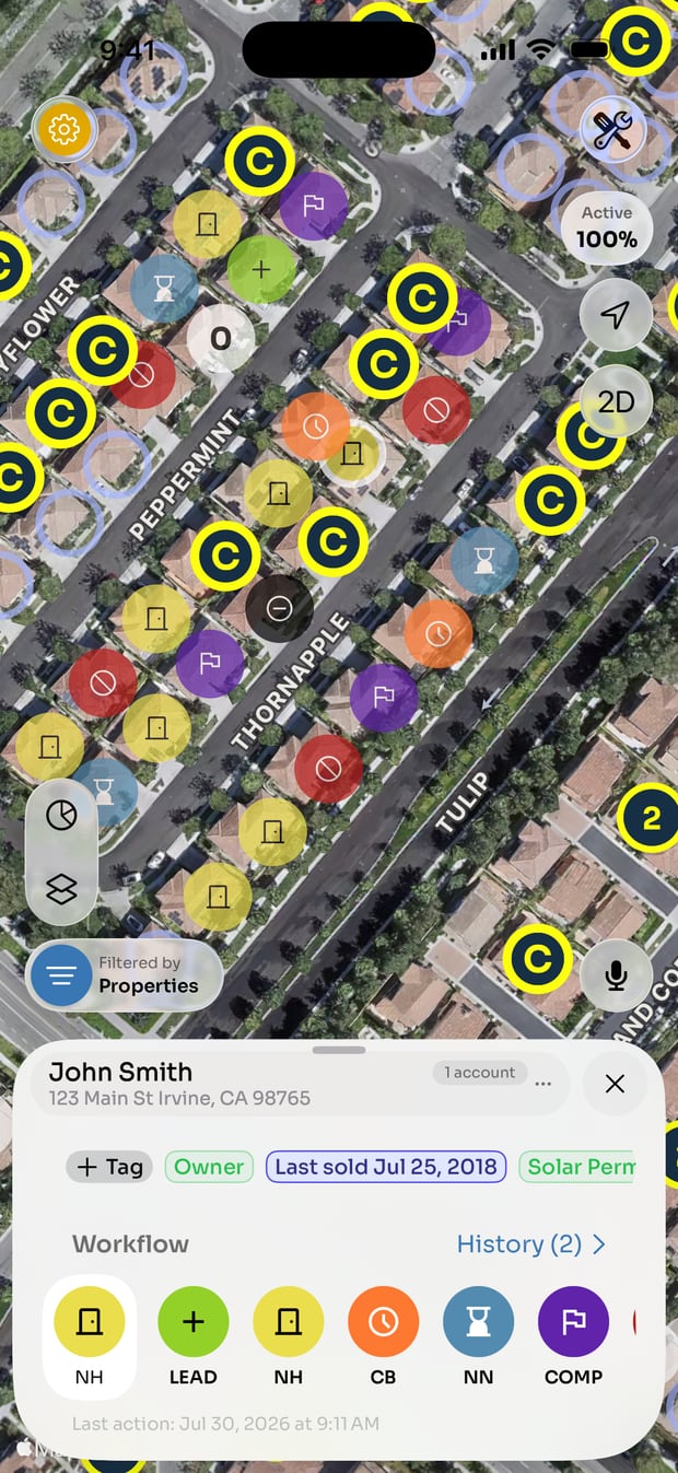 Canvass Pro: a pinned neighbourhood map with an owner record showing title, age and last sale date