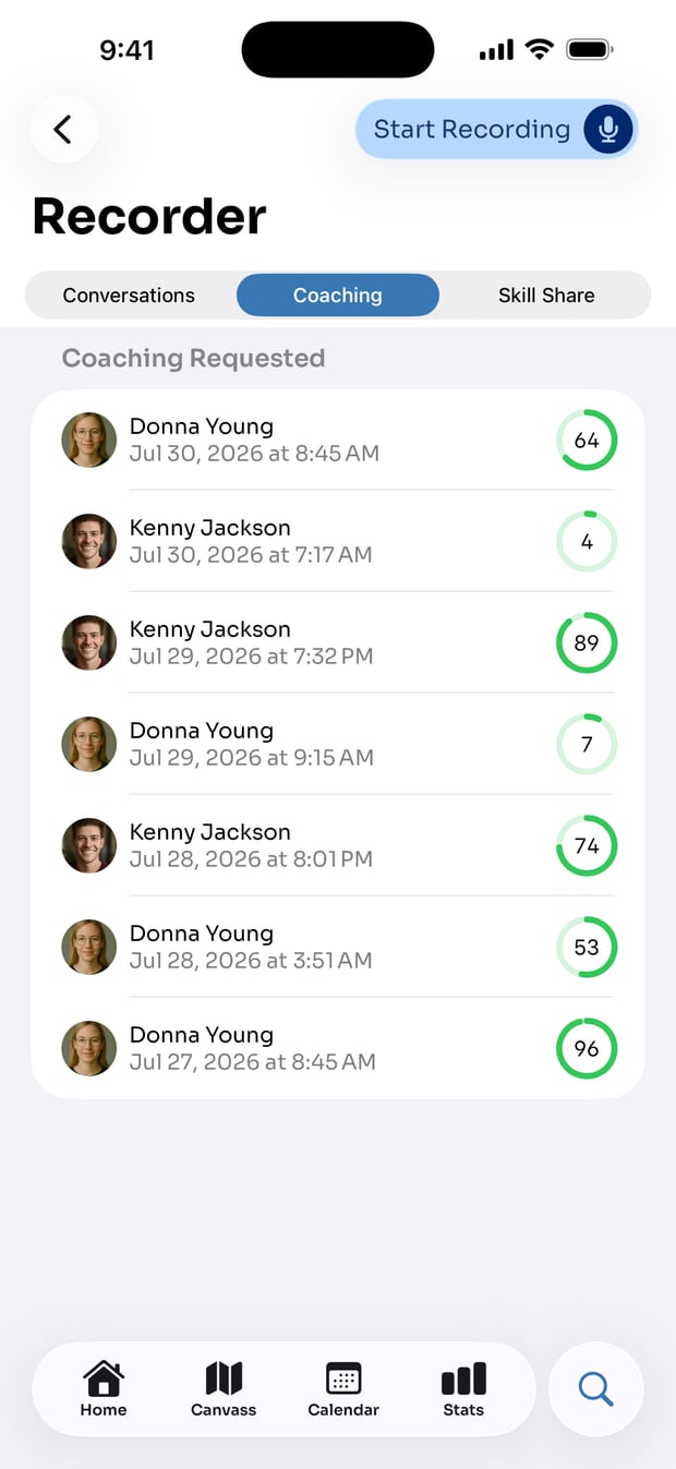 The Recorder: graded pitch recordings with AI score summaries, notes and coaching feedback