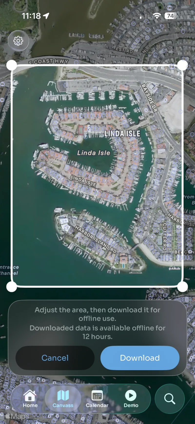 Selecting a map area on a phone to download it for offline use