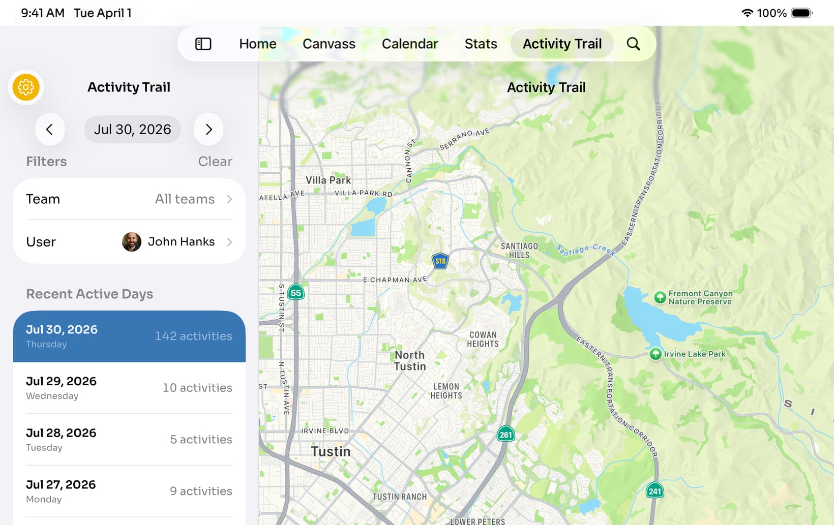 Activity Trail insights: total activities, unique addresses and working window over a timeline of knocks
