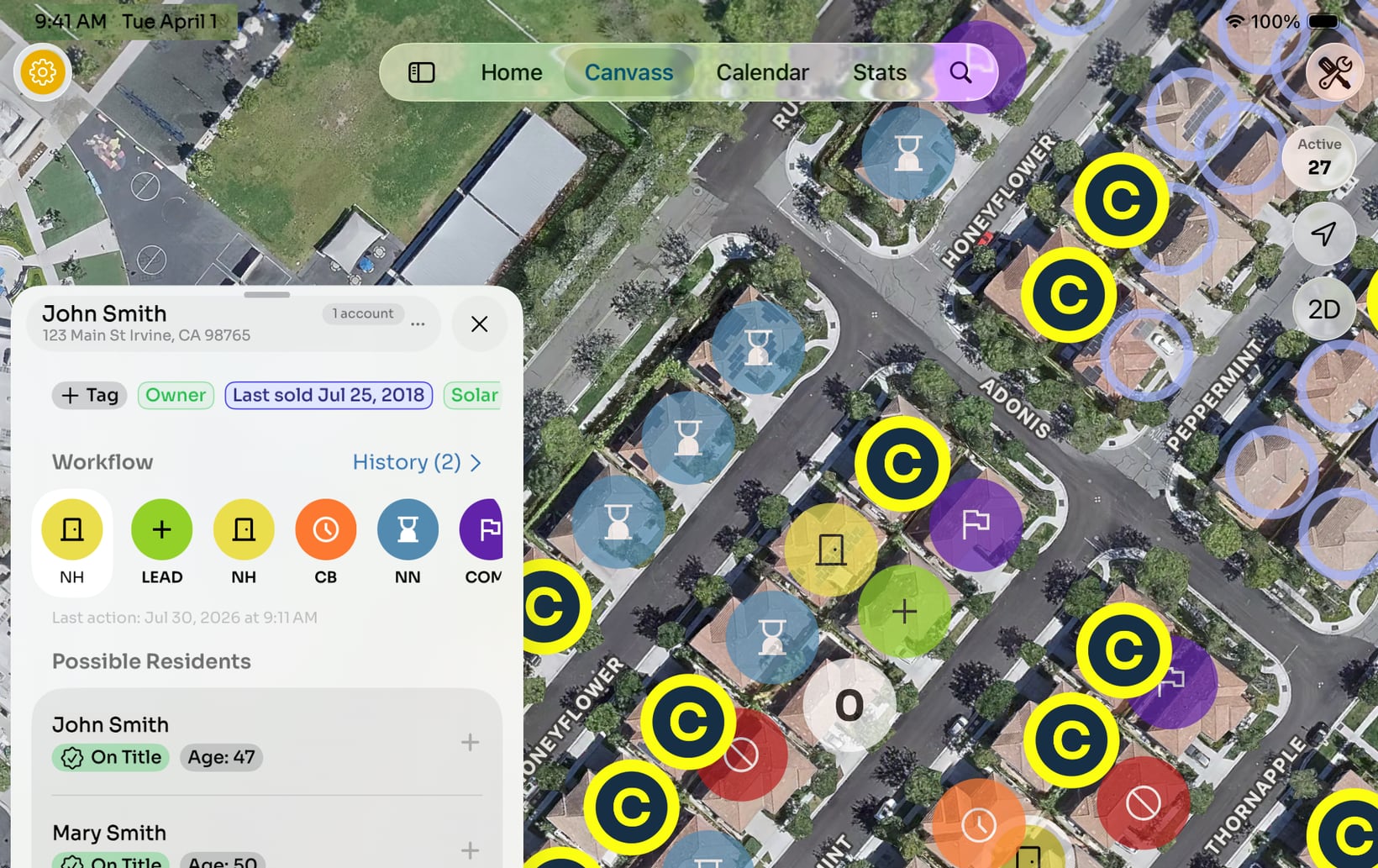 Canvass Pro: a pinned neighbourhood map with an owner record showing title, age and last sale date