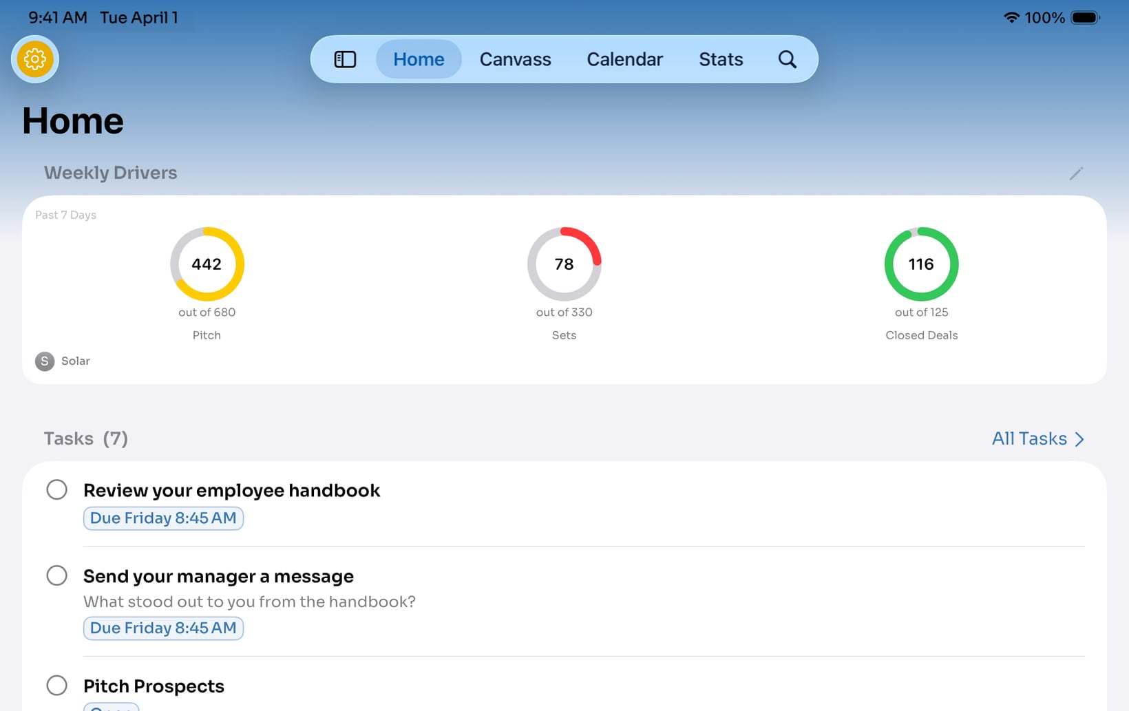 The Terros home screen: weekly driver rings for pitches, sets and closed deals above the day’s tasks
