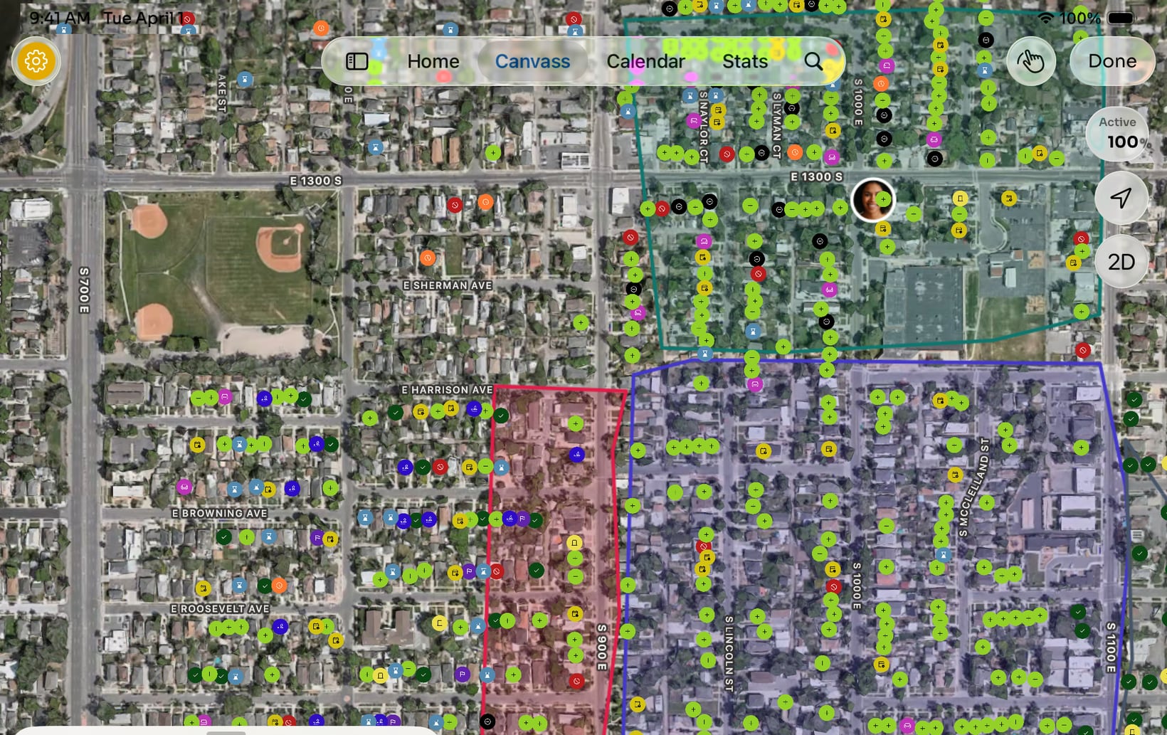 Drawn territories assigned to named reps over a satellite map dense with dispositioned pins