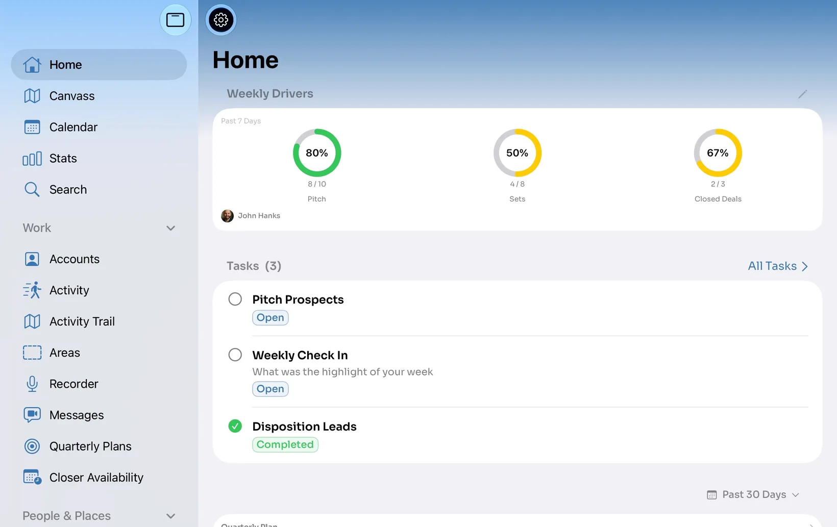 The Terros home screen: weekly driver rings for pitches, sets and closed deals above the day’s tasks