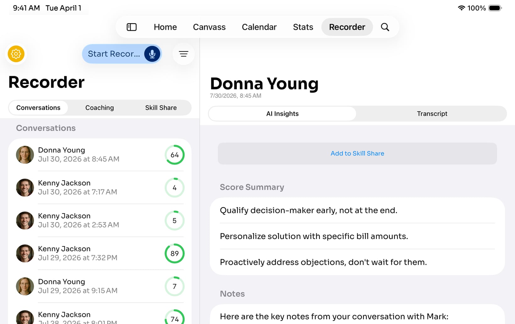 The Recorder: graded pitch recordings with AI score summaries, notes and coaching feedback