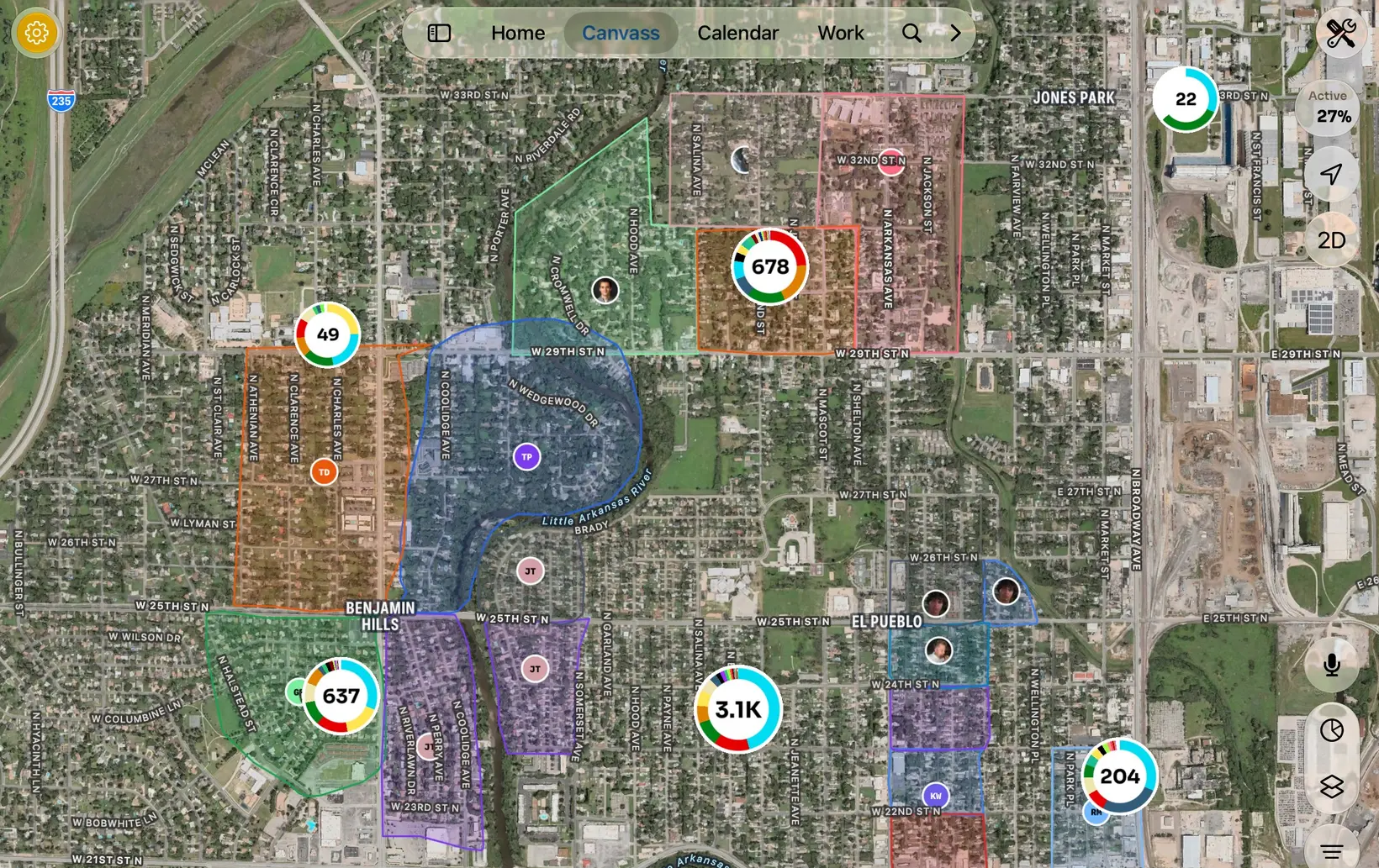 Canvass areas drawn over a satellite map, each with its owner and a ring of how many accounts have been worked