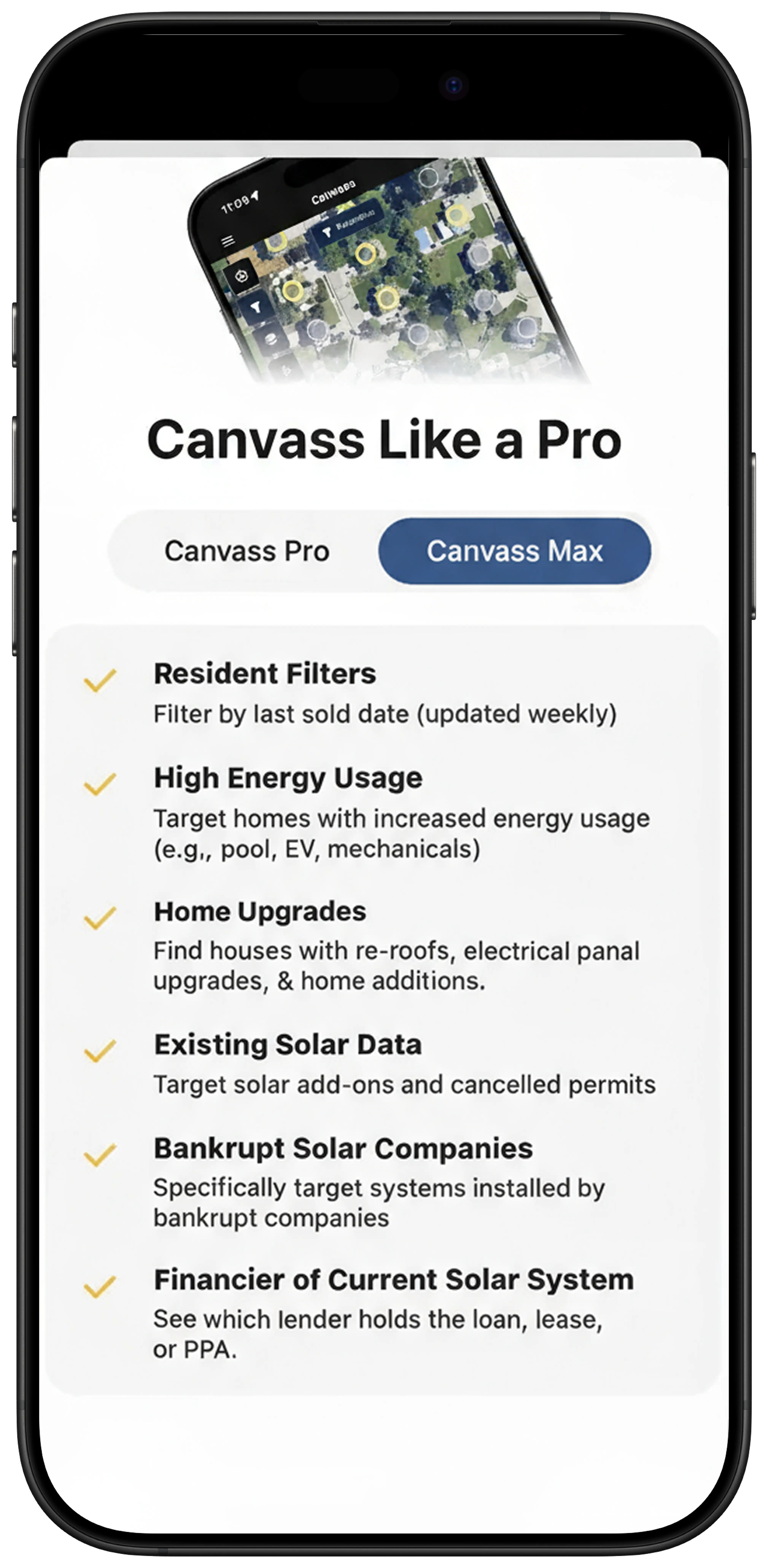 Smartphone screen displaying app subscription options for Canvass Pro and Max, with filters like Resident Filters, High Energy Usage, and Home Upgrades, monthly and yearly billing choices, and a large Continue button.
