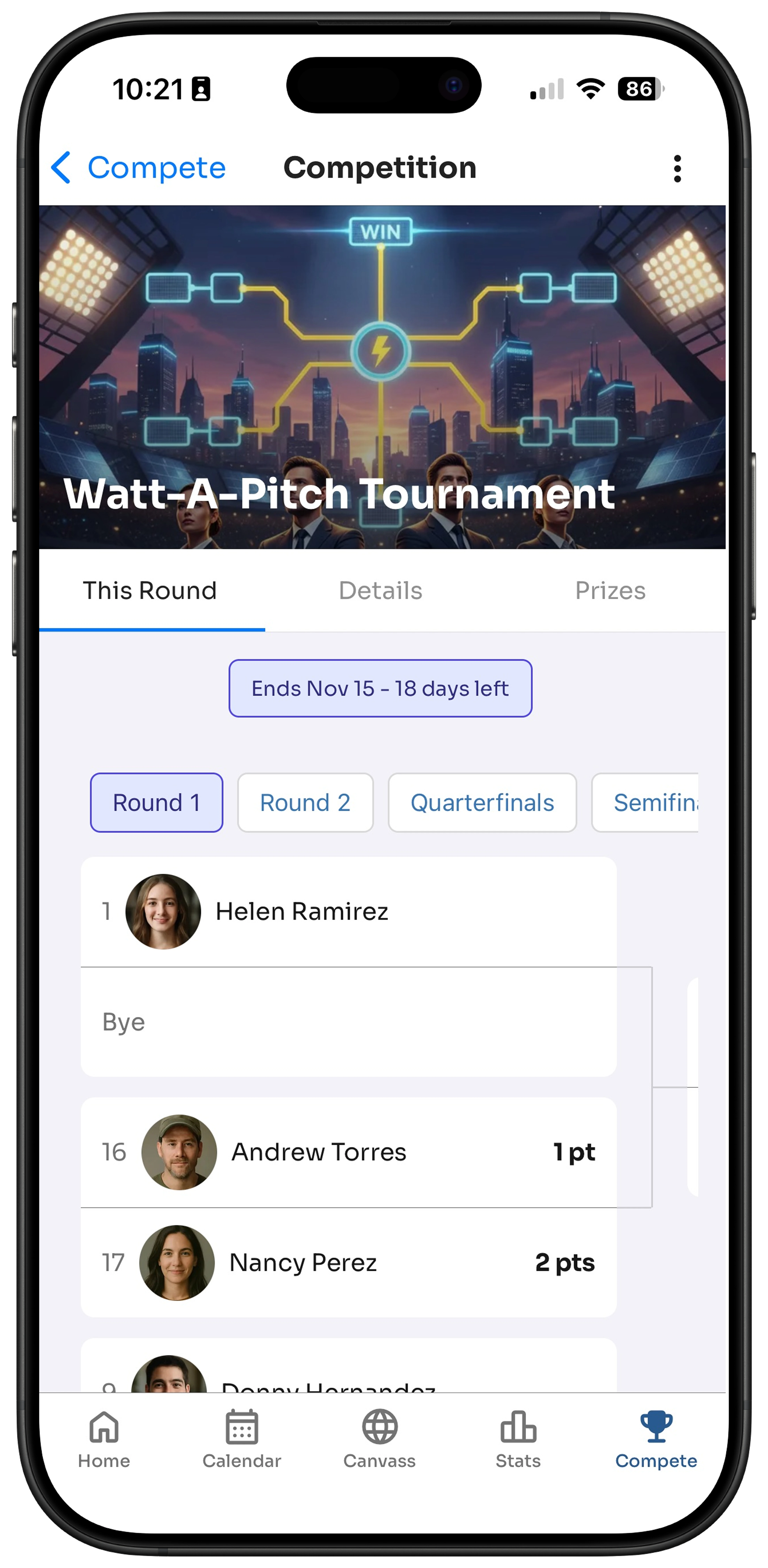 Mobile app screen showing company Solar's dashboard with pitch, lead, and set counts for this week, plus production percentages ranked third.