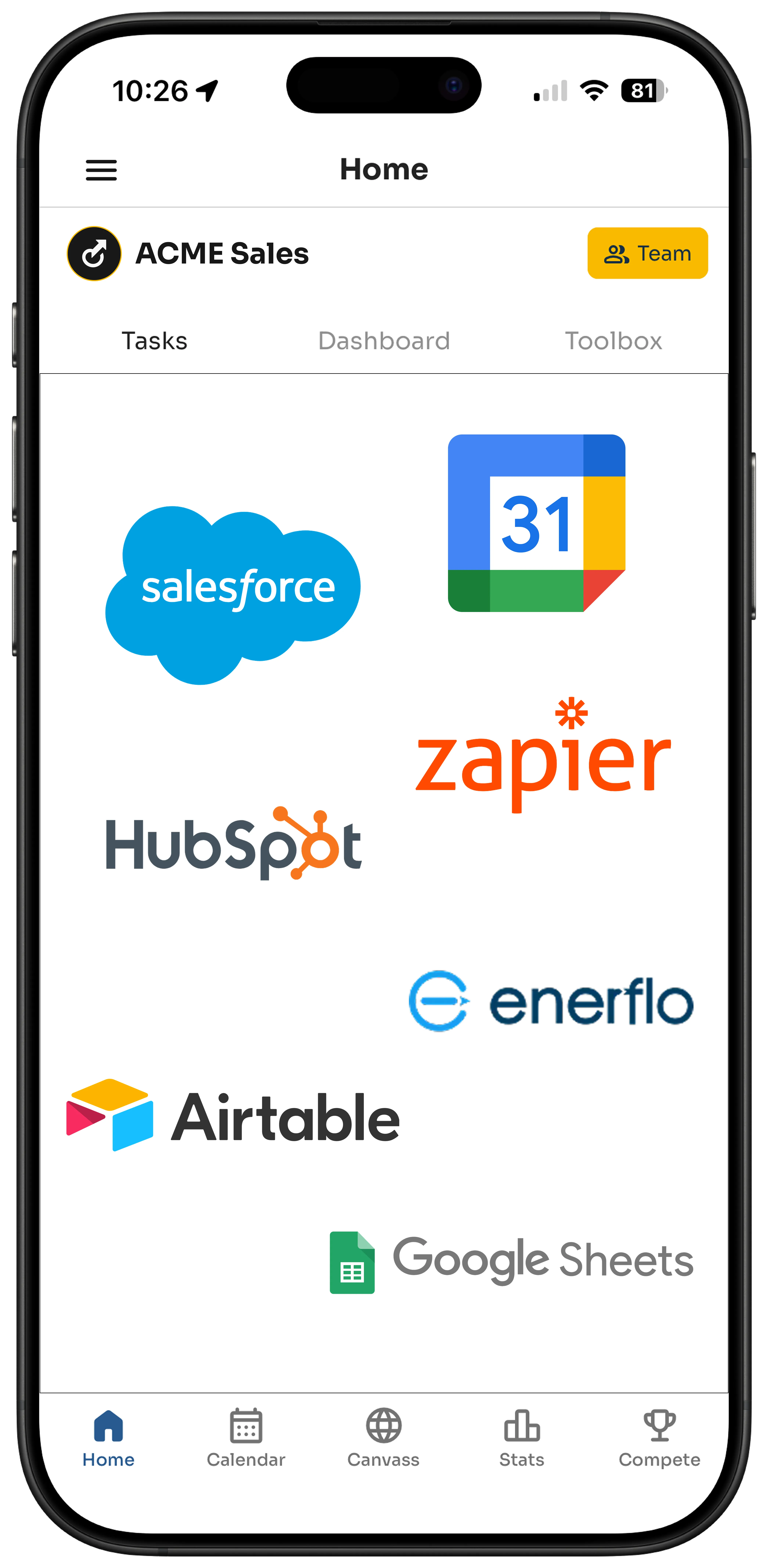 Mobile app dashboard showing company Solar with metrics: 222 pitches, 78 leads, 18 set this week; production stats on reps without pitches or leads ranked 3rd.