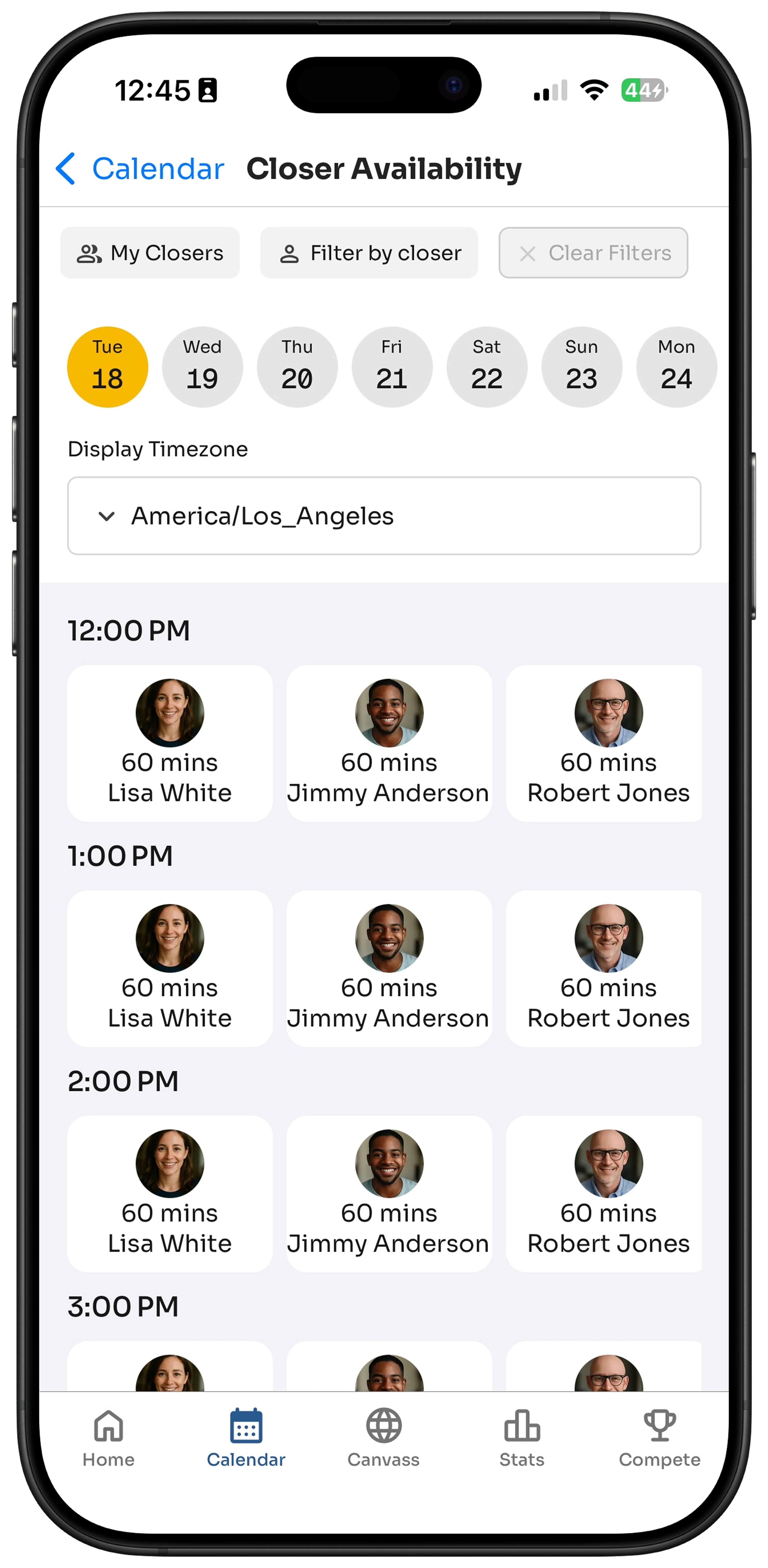 Mobile app dashboard showing company Solar's weekly sales stats: 222 pitches, 78 leads, 18 sets, production percentages without pitches and leads, and navigation icons at the bottom.