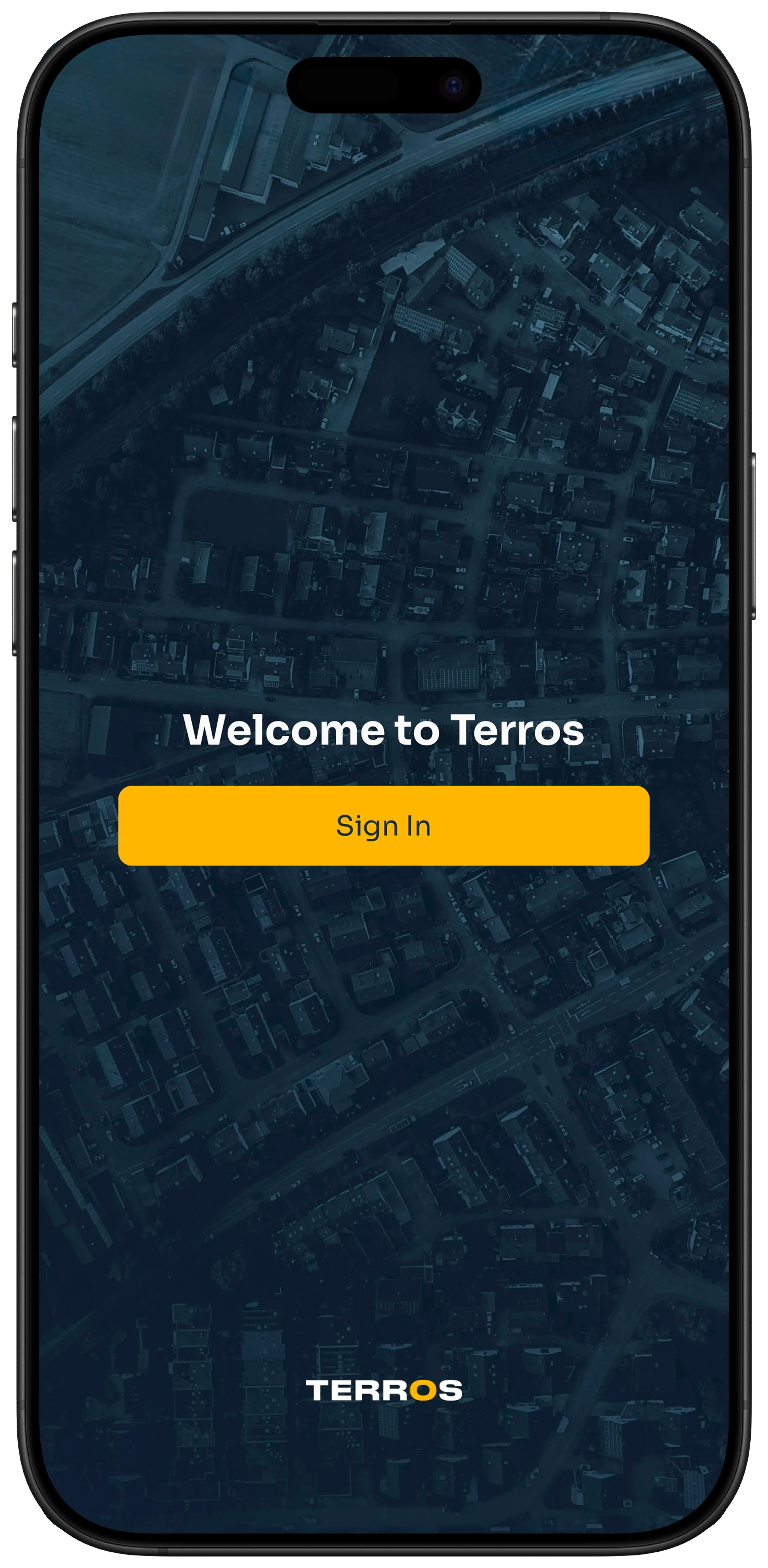 Smartphone screen showing a welcome page for Terros app with a yellow Sign In button over a dark aerial view of a residential area.