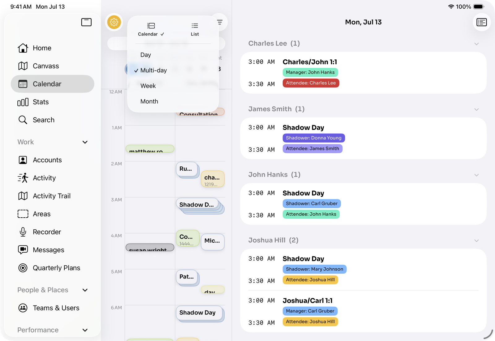 The calendar showing a day's appointments alongside the view switcher (Day, Multi-day, Week, Month).