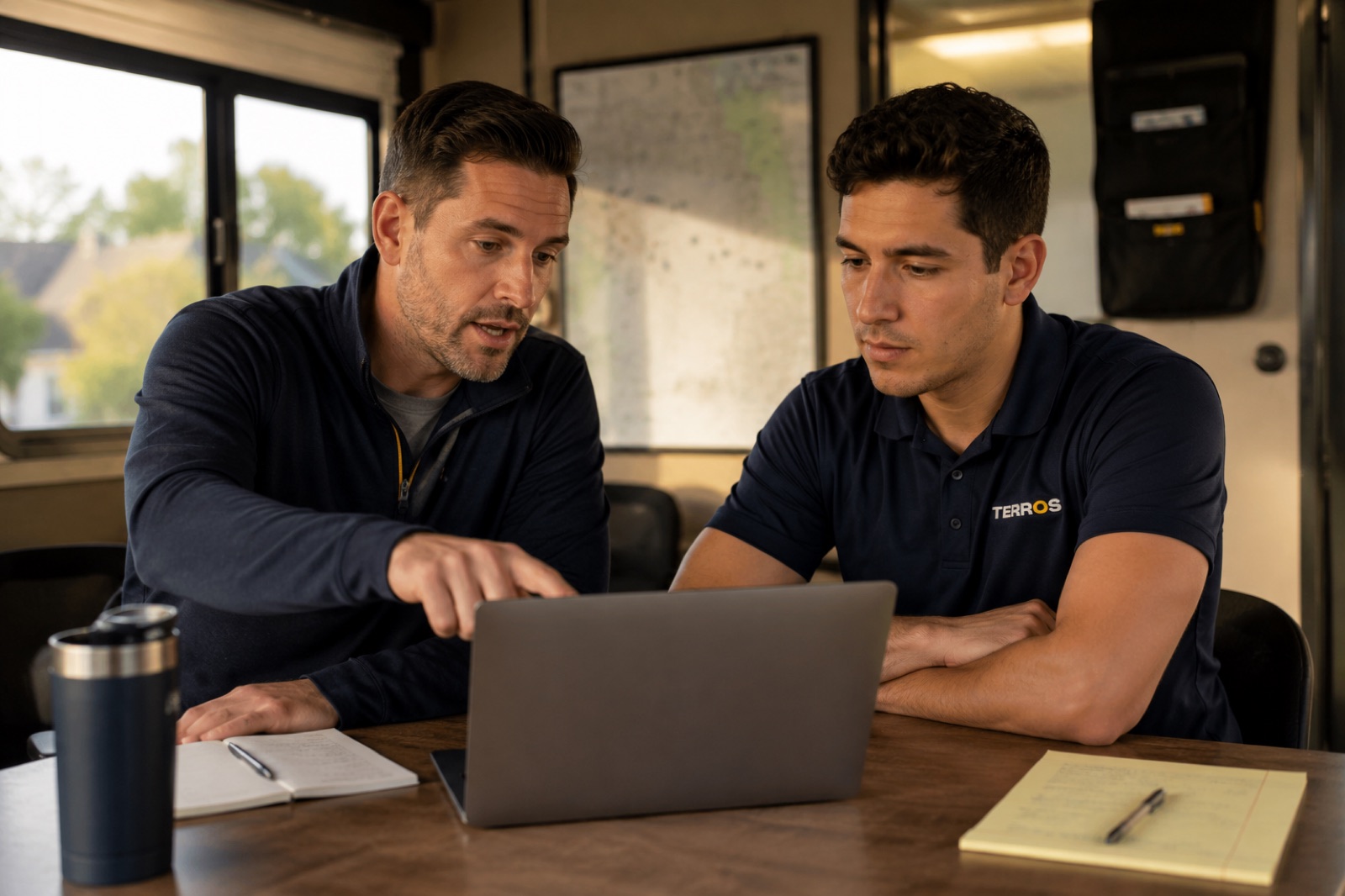 A manager coaching a rep through their numbers in a field office