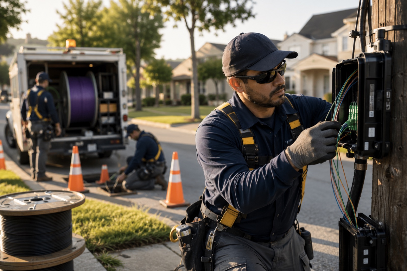 A fiber crew working a neighborhood terminal