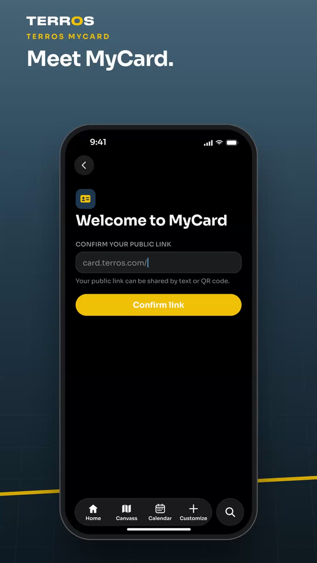 The MyCard home, with the rep’s card and a button to send it